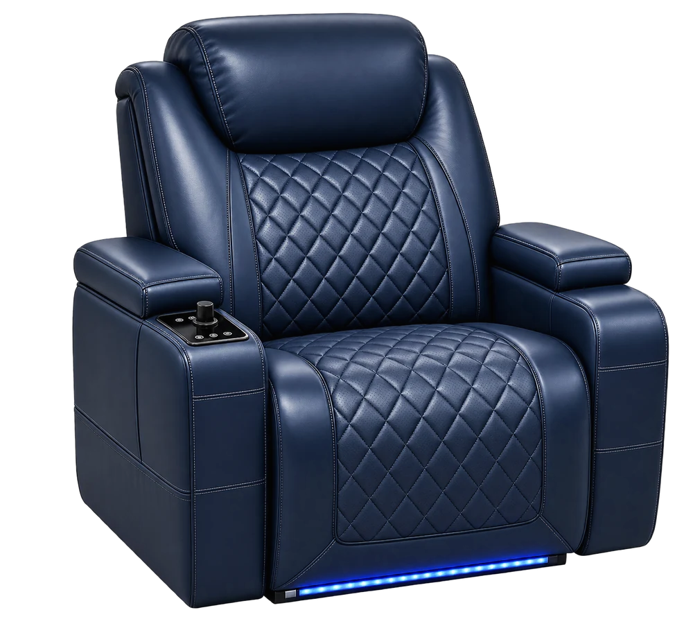 Premium recliner fitted with a Tickle touch control panel on the left armrest and ambient LED base lighting