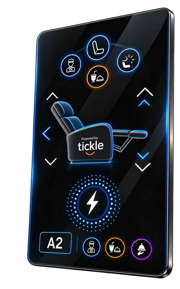 Tickle touch control panel screen showing seat ID A2, recline arrows, a wireless charging ring, and food order and service call icons
